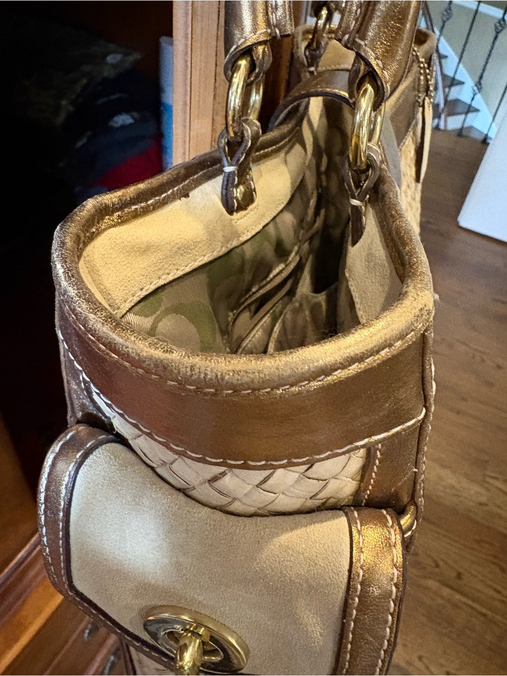 Coach Cream Woven Tote with Metallic Gold Trim - Picture 4 of 6